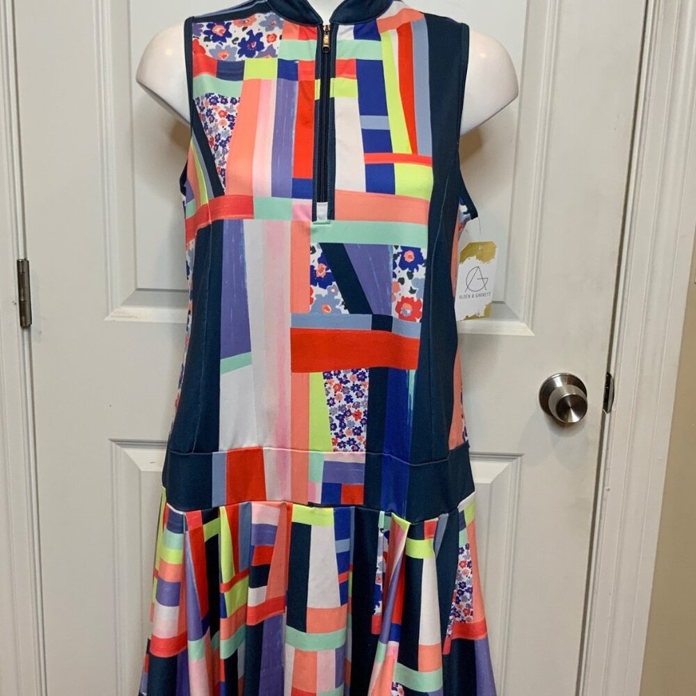 Lucky In Love Bright Pop Art Floral 1/4 Zip Sleeveless Tennis Mini Dress, Size M